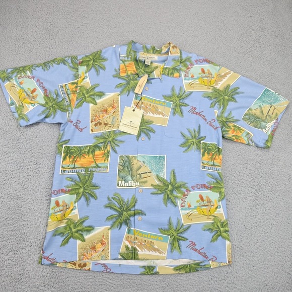 Tommy Bahama Shirt Mens Large Blue Silk Never Ending Summer Camp Hawaiian Aloha